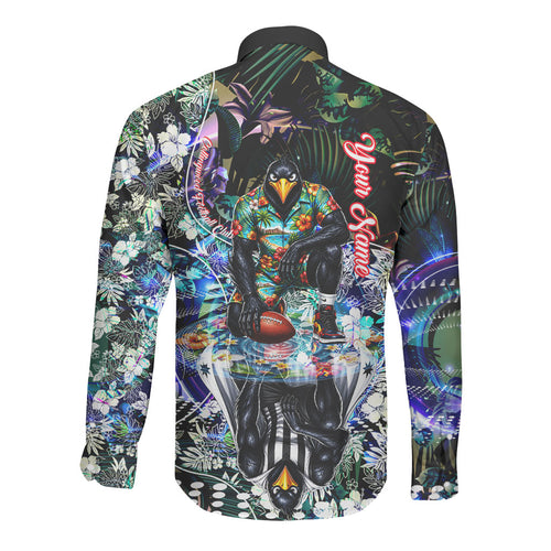 Personalized Collingwood Football Magpies Long Sleeve Button Shirt Tropical Hibiscus Flowers - Pacific Fusion Style