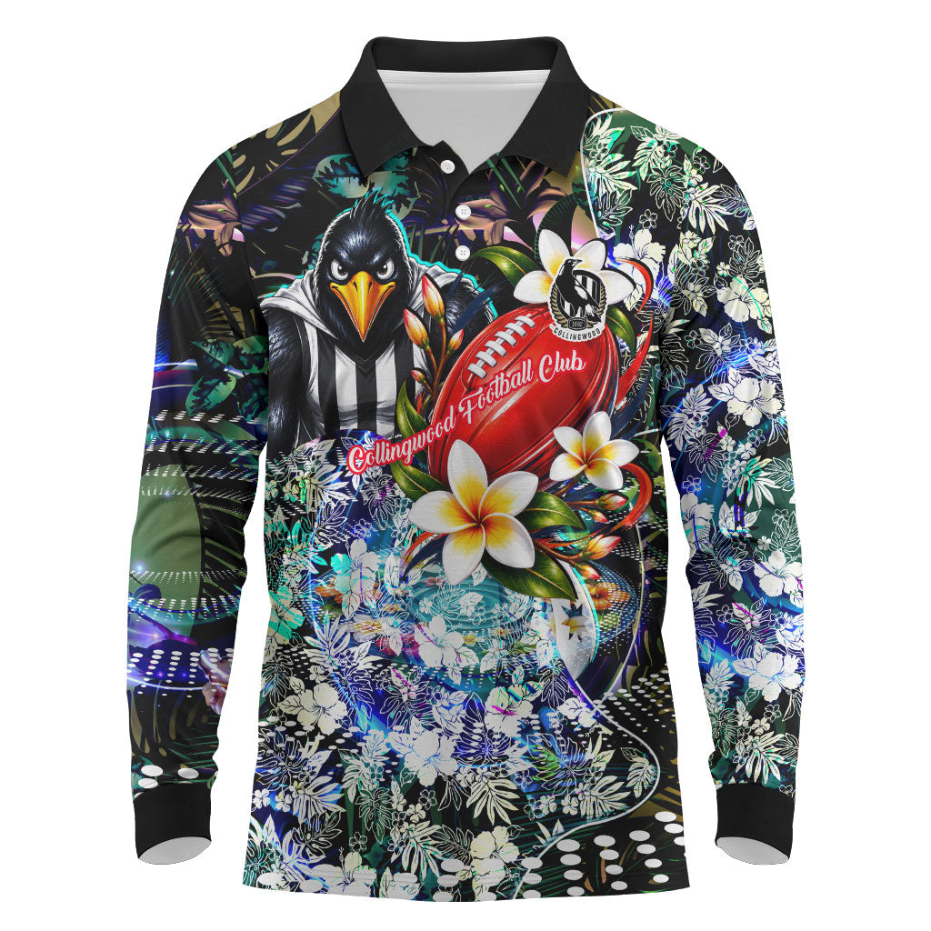 Personalized Collingwood Football Magpies Long Sleeve Polo Shirt Tropical Hibiscus Flowers - Pacific Fusion Style
