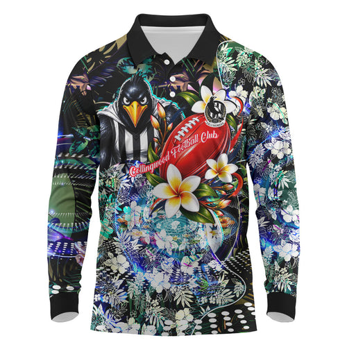Personalized Collingwood Football Magpies Long Sleeve Polo Shirt Tropical Hibiscus Flowers - Pacific Fusion Style