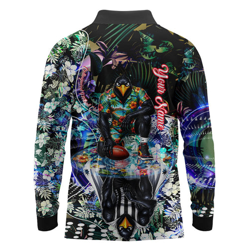 Personalized Collingwood Football Magpies Long Sleeve Polo Shirt Tropical Hibiscus Flowers - Pacific Fusion Style