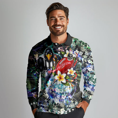 Personalized Collingwood Football Magpies Long Sleeve Polo Shirt Tropical Hibiscus Flowers - Pacific Fusion Style