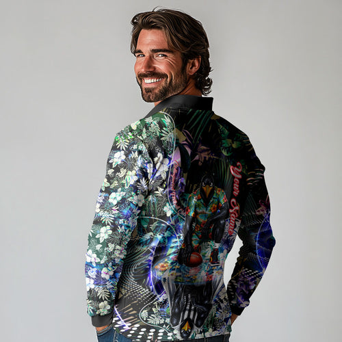 Personalized Collingwood Football Magpies Long Sleeve Polo Shirt Tropical Hibiscus Flowers - Pacific Fusion Style