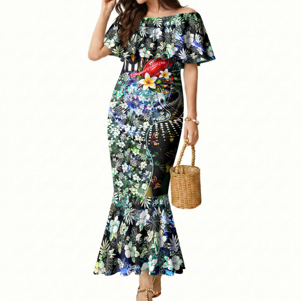 Personalized Collingwood Football Magpies Mermaid Dress Tropical Hibiscus Flowers - Pacific Fusion Style