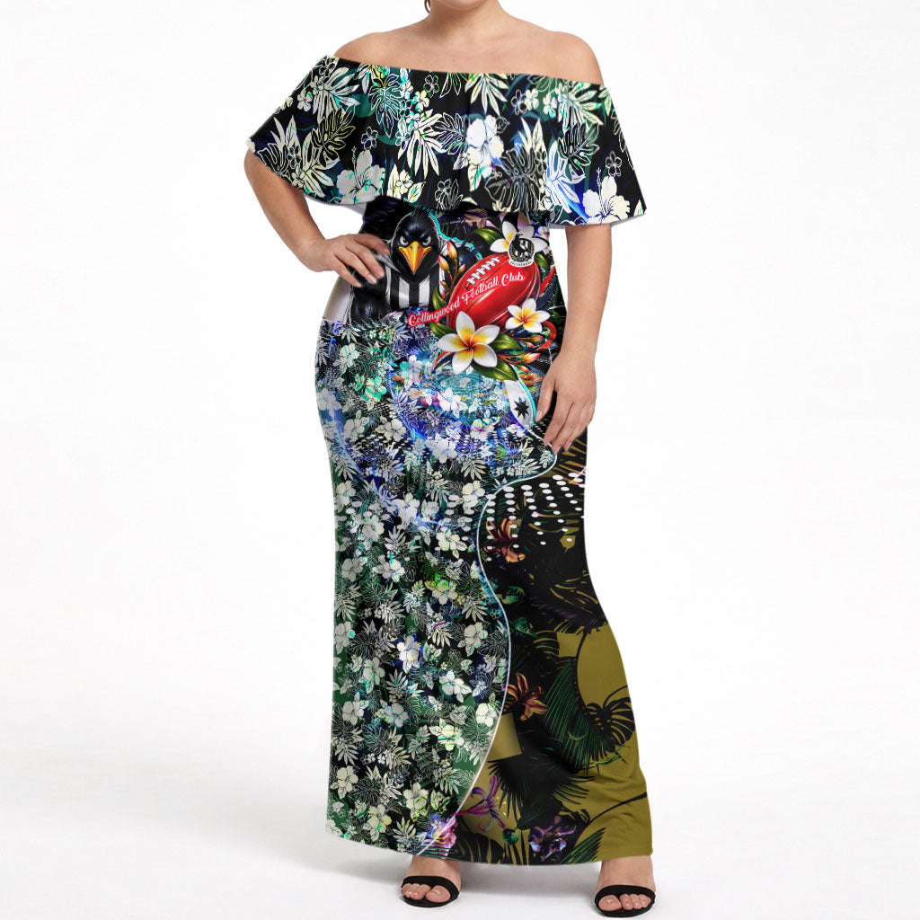 Personalized Collingwood Football Magpies Off Shoulder Maxi Dress Tropical Hibiscus Flowers - Pacific Fusion Style