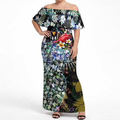 Personalized Collingwood Football Magpies Off Shoulder Maxi Dress Tropical Hibiscus Flowers - Pacific Fusion Style