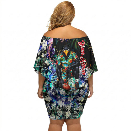 Personalized Collingwood Football Magpies Off Shoulder Short Dress Tropical Hibiscus Flowers - Pacific Fusion Style