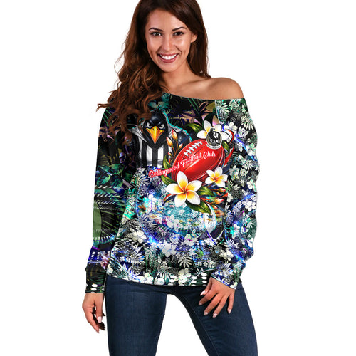 Personalized Collingwood Football Magpies Off Shoulder Sweater Tropical Hibiscus Flowers - Pacific Fusion Style