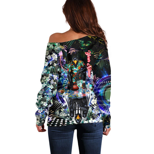 Personalized Collingwood Football Magpies Off Shoulder Sweater Tropical Hibiscus Flowers - Pacific Fusion Style