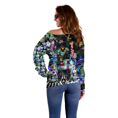 Personalized Collingwood Football Magpies Off Shoulder Sweater Tropical Hibiscus Flowers - Pacific Fusion Style