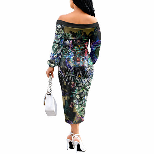 Personalized Collingwood Football Magpies Off The Shoulder Long Sleeve Dress Tropical Hibiscus Flowers - Pacific Fusion Style
