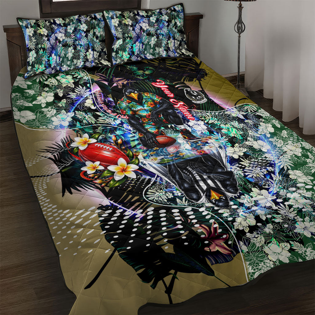 Personalized Collingwood Football Magpies Quilt Bed Set Tropical Hibiscus Flowers - Pacific Fusion Style