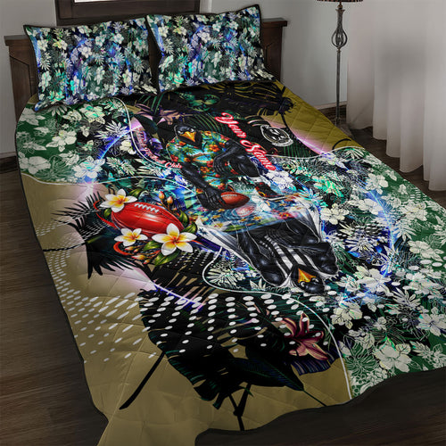 Personalized Collingwood Football Magpies Quilt Bed Set Tropical Hibiscus Flowers - Pacific Fusion Style