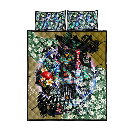 Personalized Collingwood Football Magpies Quilt Bed Set Tropical Hibiscus Flowers - Pacific Fusion Style