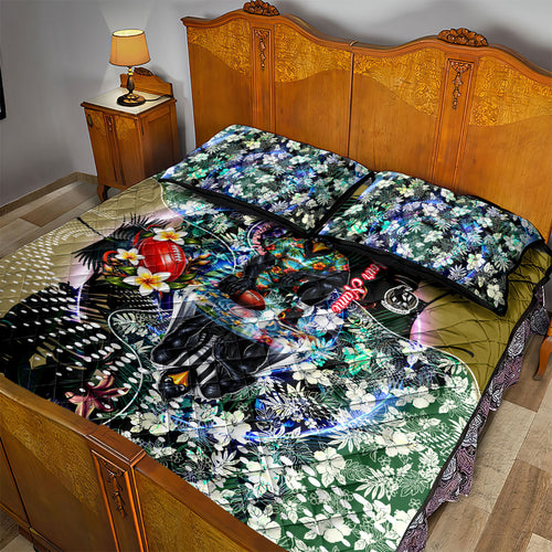 Personalized Collingwood Football Magpies Quilt Bed Set Tropical Hibiscus Flowers - Pacific Fusion Style