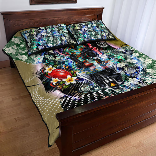 Personalized Collingwood Football Magpies Quilt Bed Set Tropical Hibiscus Flowers - Pacific Fusion Style