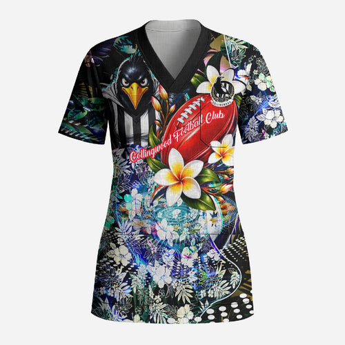 Personalized Collingwood Football Magpies Scrub Top Tropical Hibiscus Flowers - Pacific Fusion Style