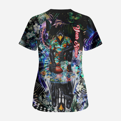 Personalized Collingwood Football Magpies Scrub Top Tropical Hibiscus Flowers - Pacific Fusion Style