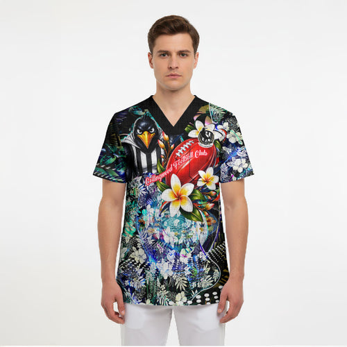 Personalized Collingwood Football Magpies Scrub Top Tropical Hibiscus Flowers - Pacific Fusion Style