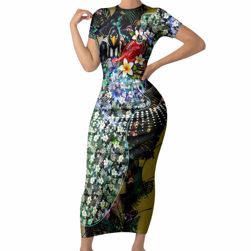Personalized Collingwood Football Magpies Short Sleeve Bodycon Dress Tropical Hibiscus Flowers - Pacific Fusion Style