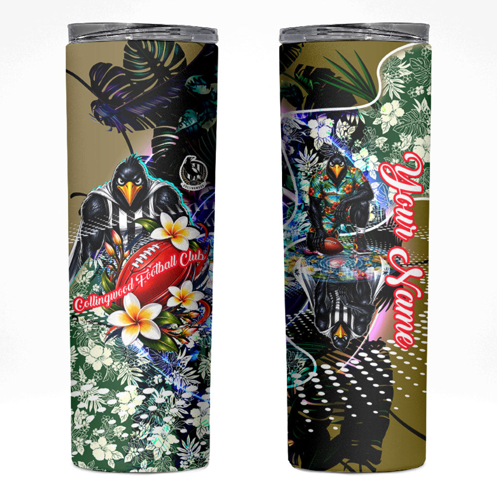 Personalized Collingwood Football Magpies Skinny Tumbler Tropical Hibiscus Flowers - Pacific Fusion Style