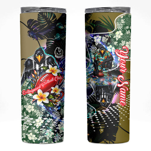 Personalized Collingwood Football Magpies Skinny Tumbler Tropical Hibiscus Flowers - Pacific Fusion Style