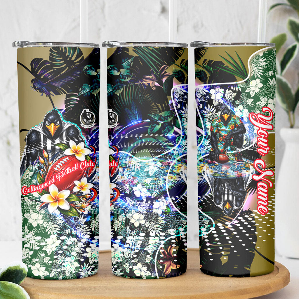 Personalized Collingwood Football Magpies Skinny Tumbler Tropical Hibiscus Flowers - Pacific Fusion Style