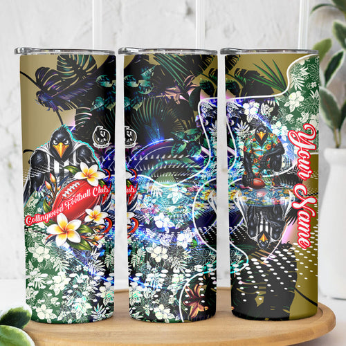 Personalized Collingwood Football Magpies Skinny Tumbler Tropical Hibiscus Flowers - Pacific Fusion Style