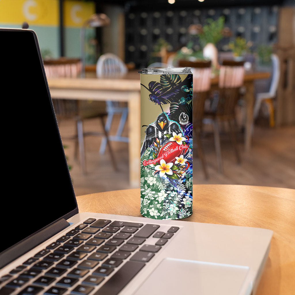 Personalized Collingwood Football Magpies Skinny Tumbler Tropical Hibiscus Flowers - Pacific Fusion Style