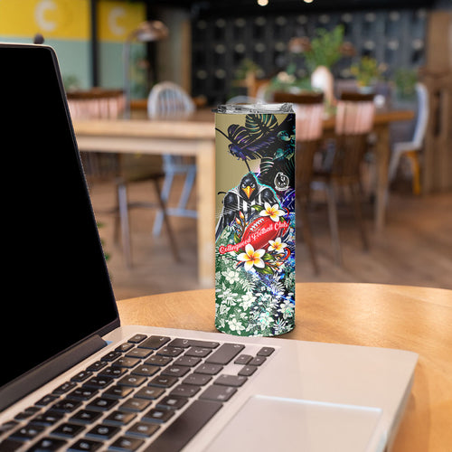 Personalized Collingwood Football Magpies Skinny Tumbler Tropical Hibiscus Flowers - Pacific Fusion Style