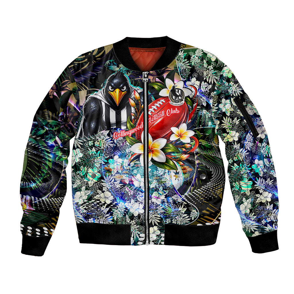 Personalized Collingwood Football Magpies Sleeve Zip Bomber Jacket Tropical Hibiscus Flowers - Pacific Fusion Style