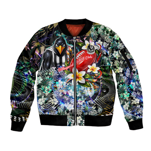 Personalized Collingwood Football Magpies Sleeve Zip Bomber Jacket Tropical Hibiscus Flowers - Pacific Fusion Style