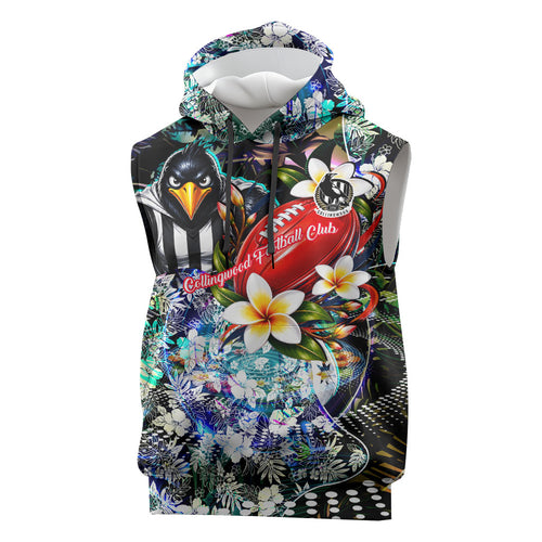Personalized Collingwood Football Magpies Sleeveless Hoodie Tropical Hibiscus Flowers - Pacific Fusion Style