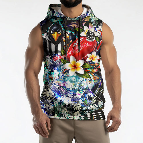 Personalized Collingwood Football Magpies Sleeveless Hoodie Tropical Hibiscus Flowers - Pacific Fusion Style