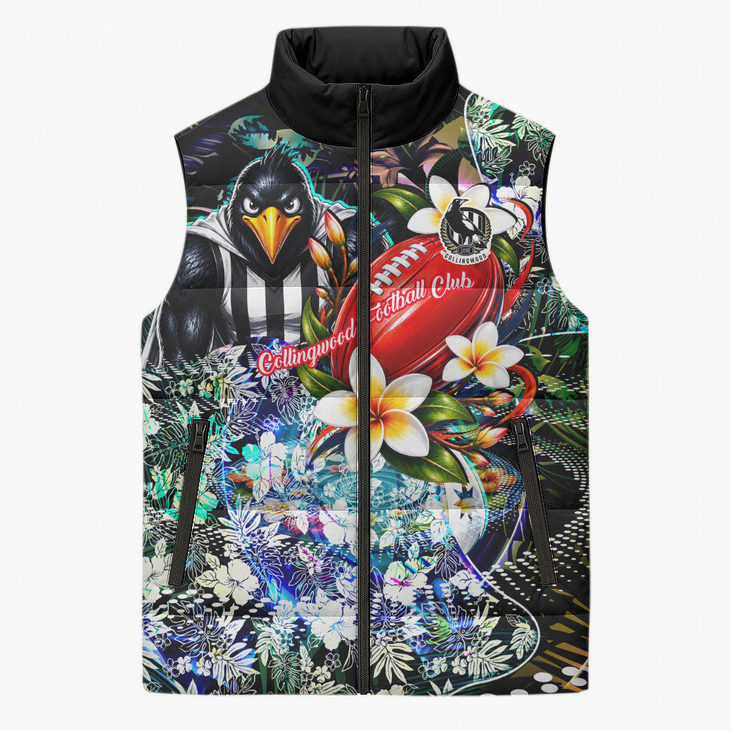 Personalized Collingwood Football Magpies Sleeveless Puffer Jacket Tropical Hibiscus Flowers - Pacific Fusion Style