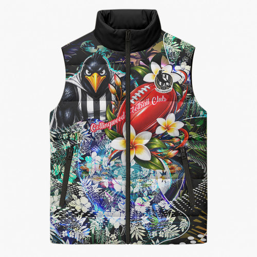 Personalized Collingwood Football Magpies Sleeveless Puffer Jacket Tropical Hibiscus Flowers - Pacific Fusion Style