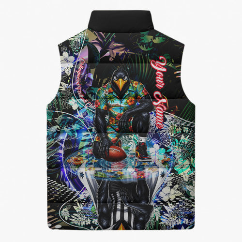 Personalized Collingwood Football Magpies Sleeveless Puffer Jacket Tropical Hibiscus Flowers - Pacific Fusion Style