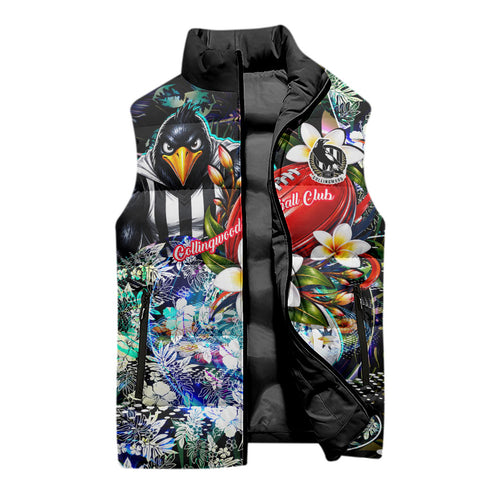 Personalized Collingwood Football Magpies Sleeveless Puffer Jacket Tropical Hibiscus Flowers - Pacific Fusion Style