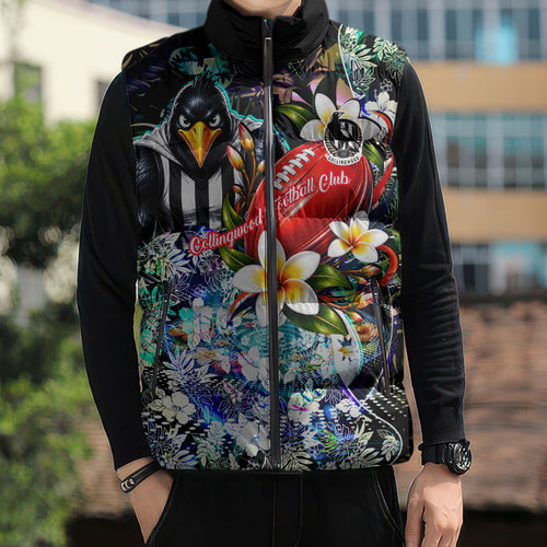 Personalized Collingwood Football Magpies Sleeveless Puffer Jacket Tropical Hibiscus Flowers - Pacific Fusion Style