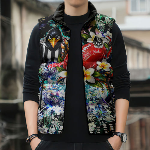 Personalized Collingwood Football Magpies Sleeveless Puffer Jacket Tropical Hibiscus Flowers - Pacific Fusion Style
