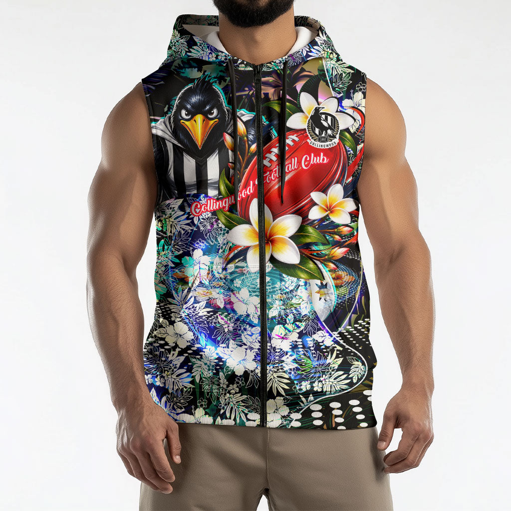 Personalized Collingwood Football Magpies Sleeveless Zip Hoodie Tropical Hibiscus Flowers - Pacific Fusion Style