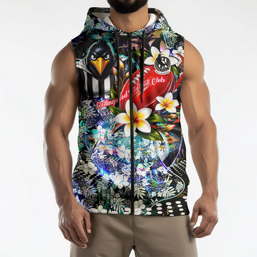 Personalized Collingwood Football Magpies Sleeveless Zip Hoodie Tropical Hibiscus Flowers - Pacific Fusion Style