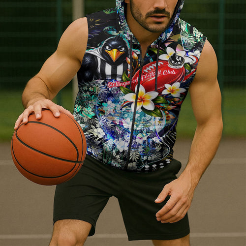 Personalized Collingwood Football Magpies Sleeveless Zip Hoodie Tropical Hibiscus Flowers - Pacific Fusion Style