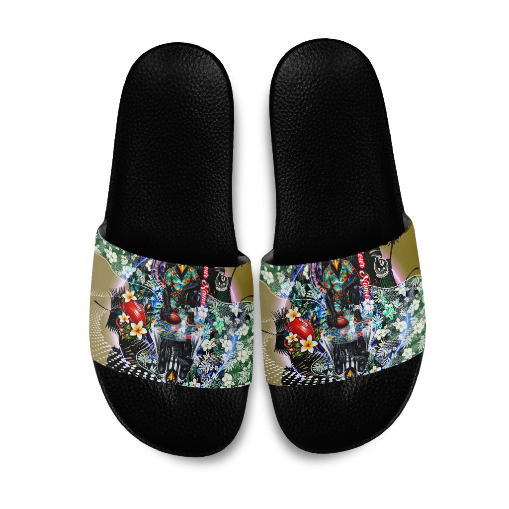 Personalized Collingwood Football Magpies Slide Sandals Tropical Hibiscus Flowers - Pacific Fusion Style
