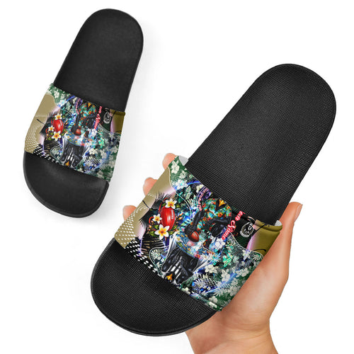 Personalized Collingwood Football Magpies Slide Sandals Tropical Hibiscus Flowers - Pacific Fusion Style