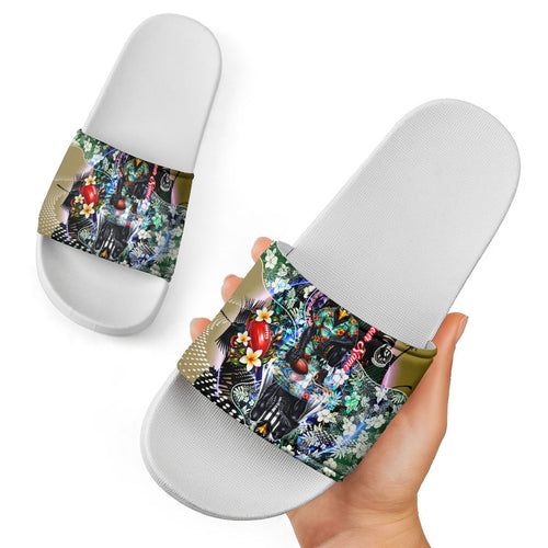 Personalized Collingwood Football Magpies Slide Sandals Tropical Hibiscus Flowers - Pacific Fusion Style