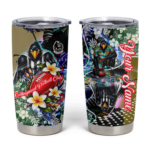 Personalized Collingwood Football Magpies Tumbler Cup Tropical Hibiscus Flowers - Pacific Fusion Style