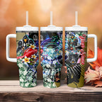 Personalized Collingwood Football Magpies Tumbler With Handle Tropical Hibiscus Flowers - Pacific Fusion Style