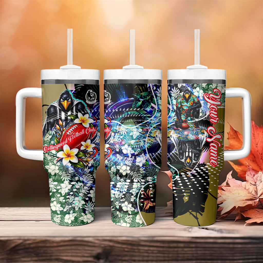 Personalized Collingwood Football Magpies Tumbler With Handle Tropical Hibiscus Flowers - Pacific Fusion Style