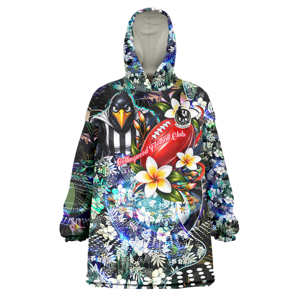 Personalized Collingwood Football Magpies Wearable Blanket Hoodie Tropical Hibiscus Flowers - Pacific Fusion Style