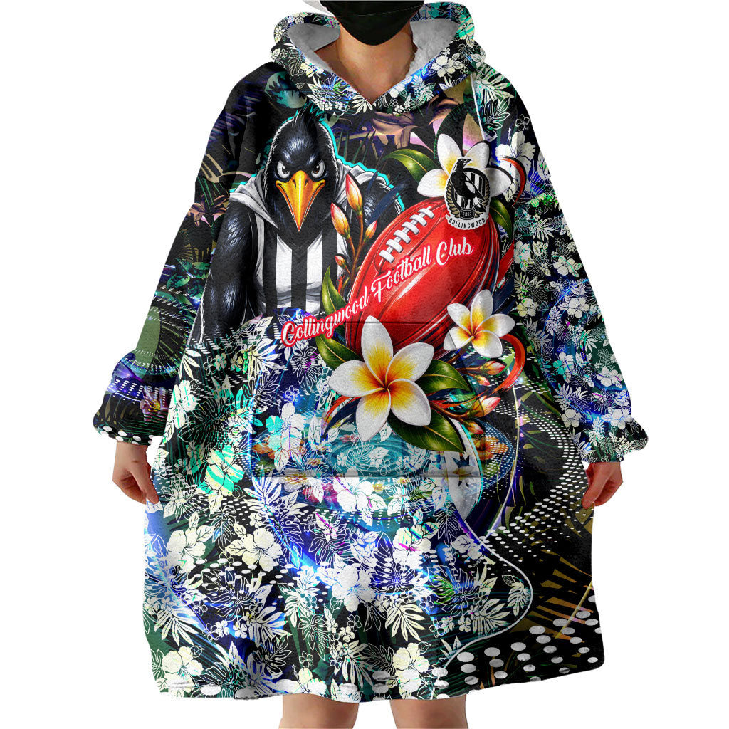 Personalized Collingwood Football Magpies Wearable Blanket Hoodie Tropical Hibiscus Flowers - Pacific Fusion Style